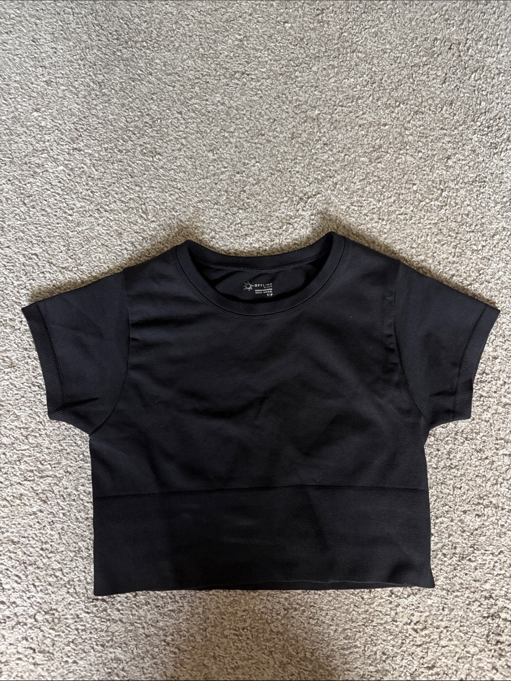 Aerie Offline Black Cropped Tee - Short Sleeve Crew